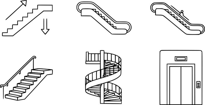 Staircase and lift vector outline set illustration stair and escalator .Isolated outline icon wooden of metal staircase on white background.