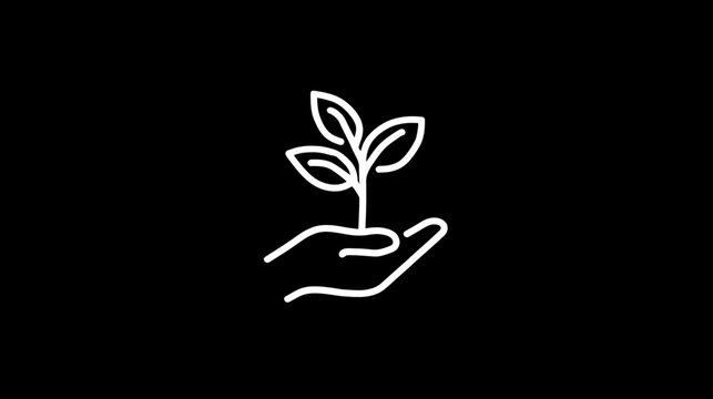 Minimalist line icon of a hand holding a small plant sprout, representing growth, nature, sustainability, and green initiatives.