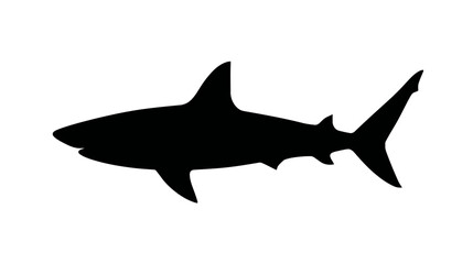 Fototapeta premium Black shark silhouette isolated on a clean white background. Dangerous marine predator icon for ocean, sea, and aquatic themes.
