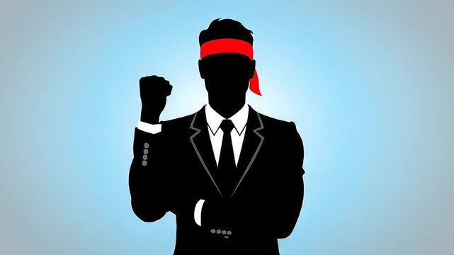 Silhouette of businessman with red headband raising fist in determination pose
