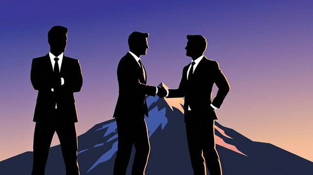 Three businessmen on mountain peak, one pointing, two shaking hands