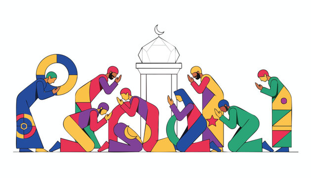 Modern Graphic Illustration of Community Prayer and Cultural Inclusion for Global Marketing Campaigns