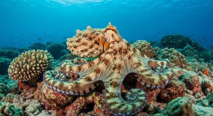 Octopus swimming underwater near coral reef, showing flexible arms and suction cups. A highly intelligent marine invertebrate known for camouflage and problem solving skills.