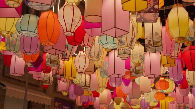 Beijing Spring Festival Night: Festive lanterns and Year of the Horse celebrations on Qianmen Street, featuring traditional colorful lanterns and poetic light displays