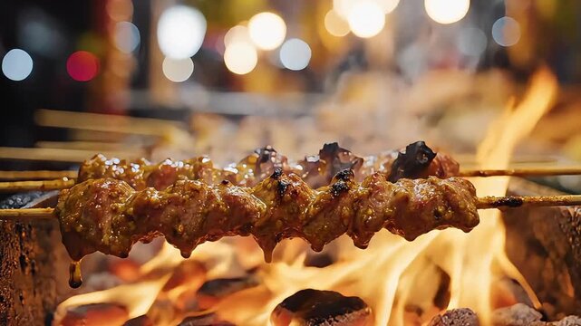 Delicious Meat Satay Skewers Grilling Over Hot Coals at Night