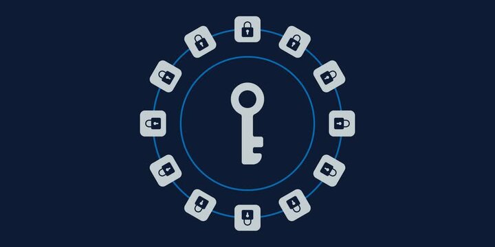 Animated circular ring of interconnected blocks rotating around a central master key icon. Padlock symbols on blocks pulse subtly. Metallic silver and deep blue gradients for a sleek blockchain motion