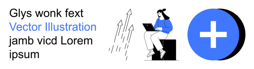 Obraz premium Business growth, technology advancements, health care innovation, productivity, remote work, and progress concepts. Woman using laptop, growth arrows and plus symbol . Business growth and technology
