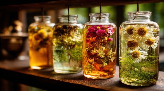 Artisan herbal tea infusions in glass jars showcasing botanical ingredients, a refreshing and aromatic homemade beverage collection.
