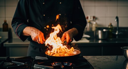 Chef flamb&eacute;ing food with intense fire in a professional restaurant kitchen