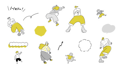 おとなもこどもも踊る、Dance,Dance!｜線画,吹き出し＆ゆるシェイプ,ハンドドローイング,ベクターイラスト｜People Dancing,vector illustration