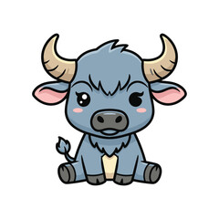 Cute cartoon bull character sitting angry grumpy pose isolated vector illustration