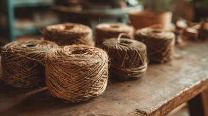 Obraz premium Rustic Spools of Natural Hemp Twine Arranged on a Textured Wooden Surface, Showcasing Organic Craft Materials