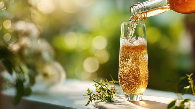 Prebiotic fiber kombucha bottle pour into flute glass, fizzy effervescence, fresh herbs, natural light bokeh --ar 16:9 --quality 4 --v 7 Job ID: 8d410fab-b127-4259-89be-237631dc83c5