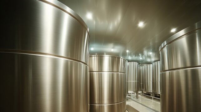 Polished Stainless Steel Fermentation Tanks in a Modern Industrial Production Facility