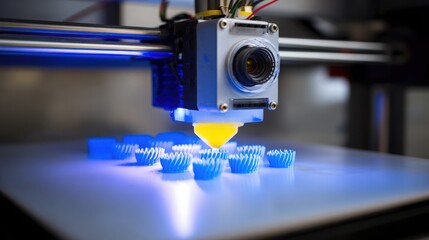 Fototapeta premium Close-up view of a large-scale industrial 3D printer creating blue objects with precision and innovation