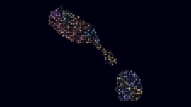 Saint Kitts and Nevis animated country shape. Pulsating colored dots on the map of the country. Small size square blocks. Digital style Saint Kitts and Nevis map on dark background.