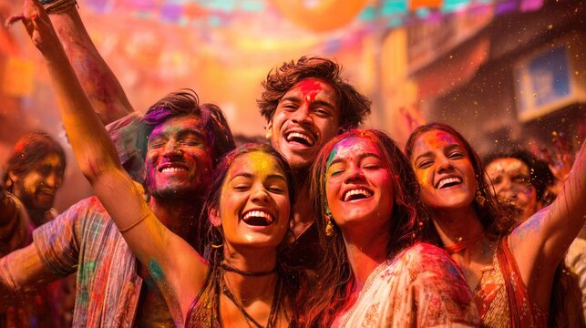 Holi festival color throw with laughing participants, vibrant powders in air, Indian street celebration --ar 16:9 --quality 4 --v 7 Job ID: dbd5b189-e257-4a7f-a11e-5b3e16f48937