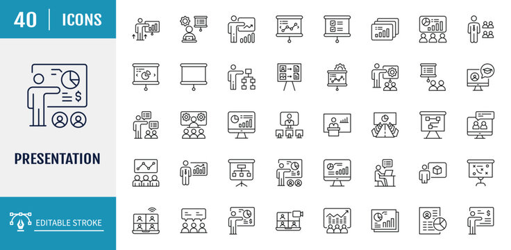 Business presentation icon set. Includes seminar, presentation, meeting, whiteboard, conference, business plan and more. Outline icon set. Vector illustration with editable stroke