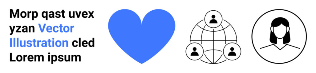 Communication, community, health, social connections, networking, teamwork. Blue heart, network diagram female avatar on white background. Communication and social connections visualization