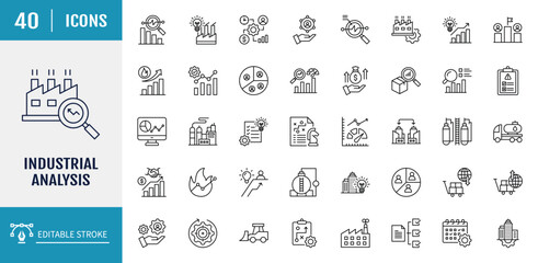 Industrial analysis icon set. Includes market, trend, report, insight, research, growth, competitor and more. Outline icon set. Vector illustration with editable stroke