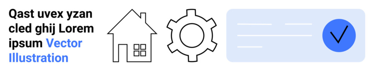 Simple house, gear, and checkmark icons with minimal lines and blue accent. Ideal for real estate, settings, functionality, approval processes, workflow, property and simple landing page © robu_s