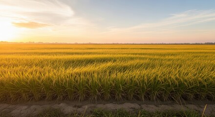 Golden rice field stretching to the horizon under a vibrant sunset sky