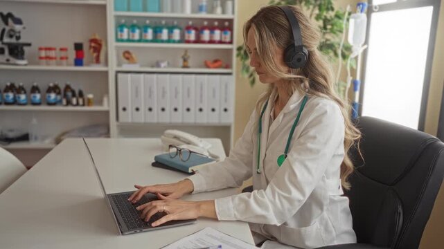 Woman working at a desk in a clinic wearing headphones and a stethoscope with a laptop, surrounded by medical supplies and documents, suggesting a professional healthcare setting.