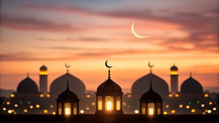 eid mubarak Silhouette of Islamic mosques with glowing lanterns and crescent moons against a vibrant sunset sky, signifying Ramadan.