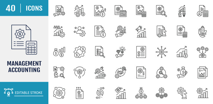 Management accounting icon set. Includes economy, business, financial, management and more. Outline icon set. Vector illustration with editable stroke