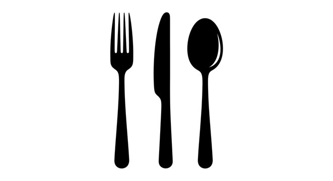 Black silhouette of a fork, knife, and spoon set. Generic dining cutlery icon isolated on white background, perfect for menu design.