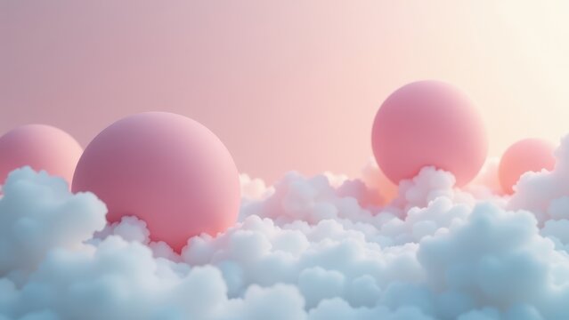 Pink spheres floating on soft dreamy clouds