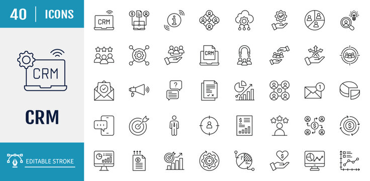 Customer Relationship Management Icon set. CRM icon set. Includes marketing, data, report, strategy, audience, manager, and more. Outline icon set. Vector illustration with editable stroke