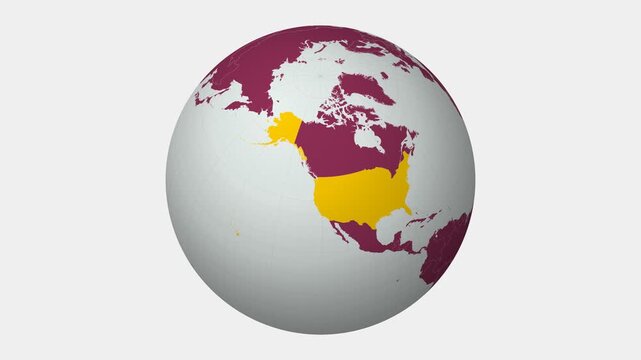 United States map. Animated zoom into the country on the Globe in Pale Mint Dark Pink color palette. Country logo animation with round text and airplanes. Map with meridians, parallels.