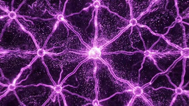 A vibrant, purple-colored depiction of interconnected neural networks with glowing nodes and branching pathways