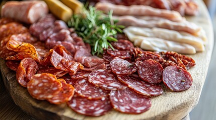 Obraz premium Assorted sliced meats on wooden platter
