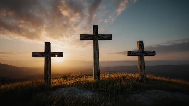 Crosses on hill and empty tomb with bright light at sunset.