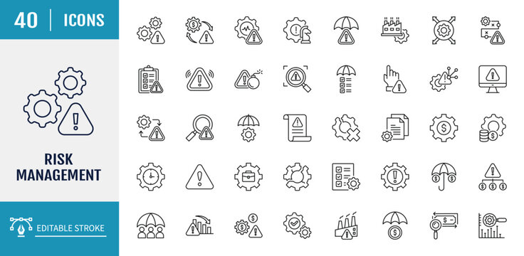 	
Risk management icon set. Includes risk, threat, hazard, impact, control, plan, strategy and more. Outline icon set. Vector illustration with editable stroke