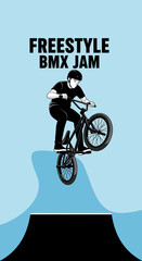 Naklejka premium Dynamic Freestyle Bmx Rider Performing A Trick On Ramp