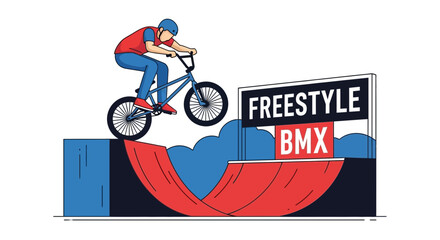 Naklejka premium Dynamic Freestyle Bmx Rider Performs Aerial Stunts on Ramp