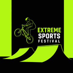 Naklejka premium Dynamic Freestyle BMX Rider Soars Above Ramps at Neon Extreme Sports Festival Event