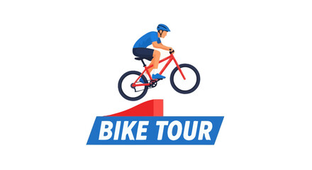 Fototapeta premium Dynamic Mountain Biker Performing A Jump Above A Bike Tour Banner