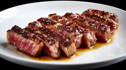 白い皿に盛り付けられた、絶妙な焼き加減の断面と肉汁あふれる光沢が美しい最高級A5和牛ステーキのカット