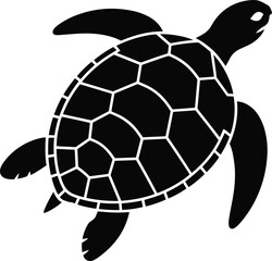 Black and white silhouette illustration of sea turtle from top‑down perspective with detailed polygonal shell pattern, flippers extended, and marine design © Irin Akter