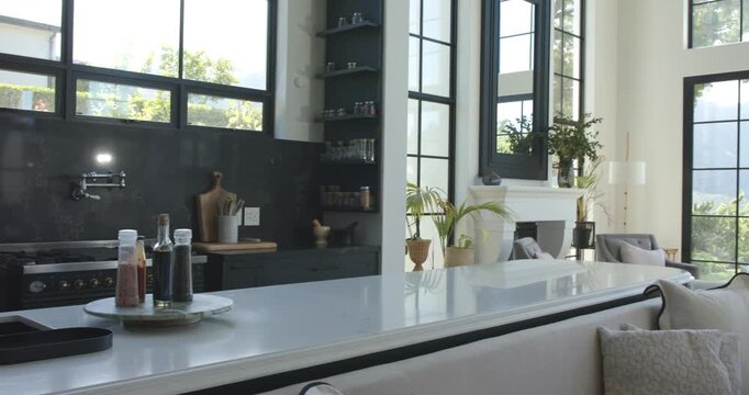 Camera is panning right to reveal white kitchen island with condiment bottles and grid windows