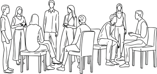 Obraz premium Sketch of a group of people gathered around tables