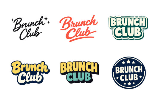 Colorful brunch club logo designs in varied fonts and styles