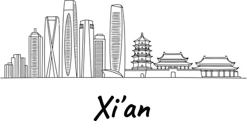 Fototapeta premium Sketch of xi an skyline with modern buildings and traditional architecture