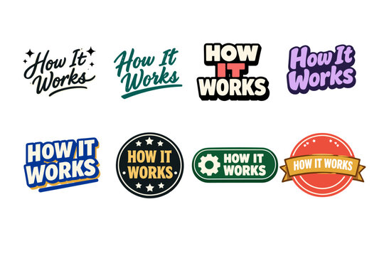 Collection of eight diverse 'how it works' logo designs in various styles