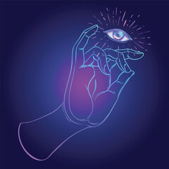 Lord Buddha hand with all-seeingl eye. Psychedelic colors. Hand drawn illustration. Invitation element. Astrology, alchemy, occult and magic symbol. Abstract cosmic background with stars..