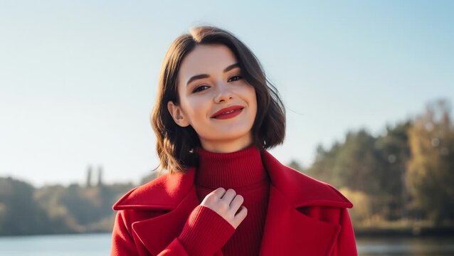 Woman in Red Coat and Turtleneck Smiling Outdoors With Natural Light
